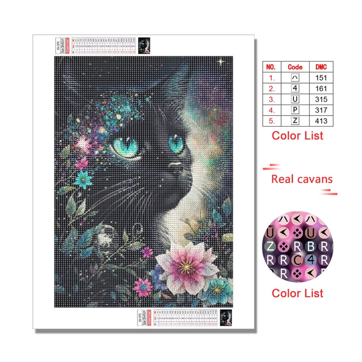MomoArt Diamantmalerei Schwarze Katze mit Blumenmotiv als DIY Mosaik-Strass-Stickerei in Schwarz und Mehrfarbig - Bild 2