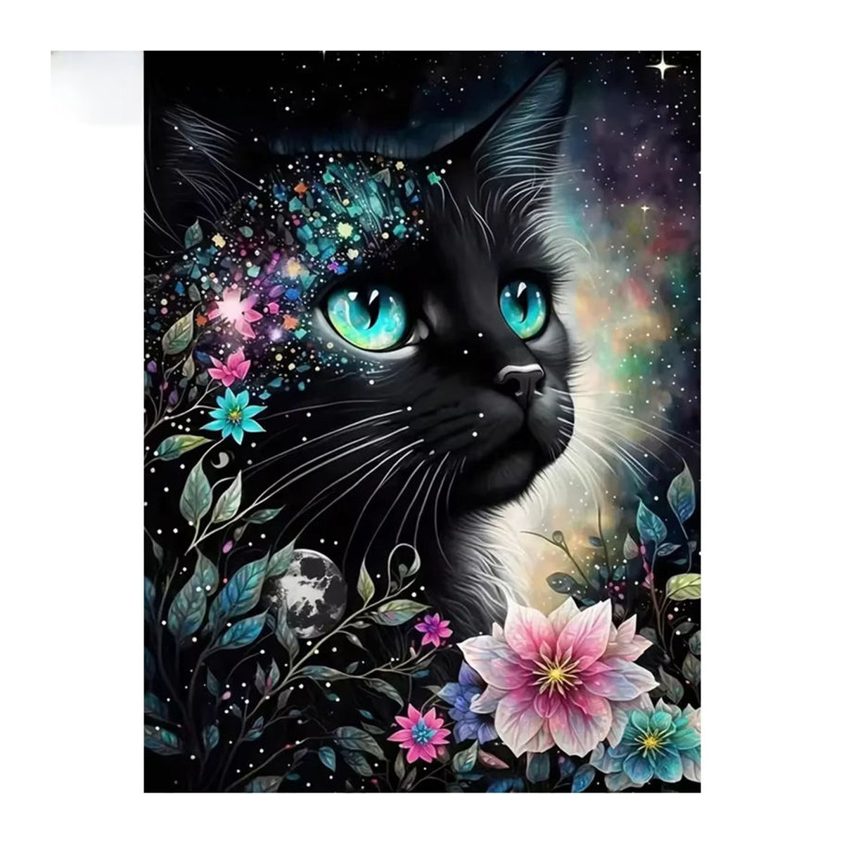 MomoArt Diamantmalerei Schwarze Katze mit Blumenmotiv als DIY Mosaik-Strass-Stickerei in Schwarz und Mehrfarbig - Bild 4