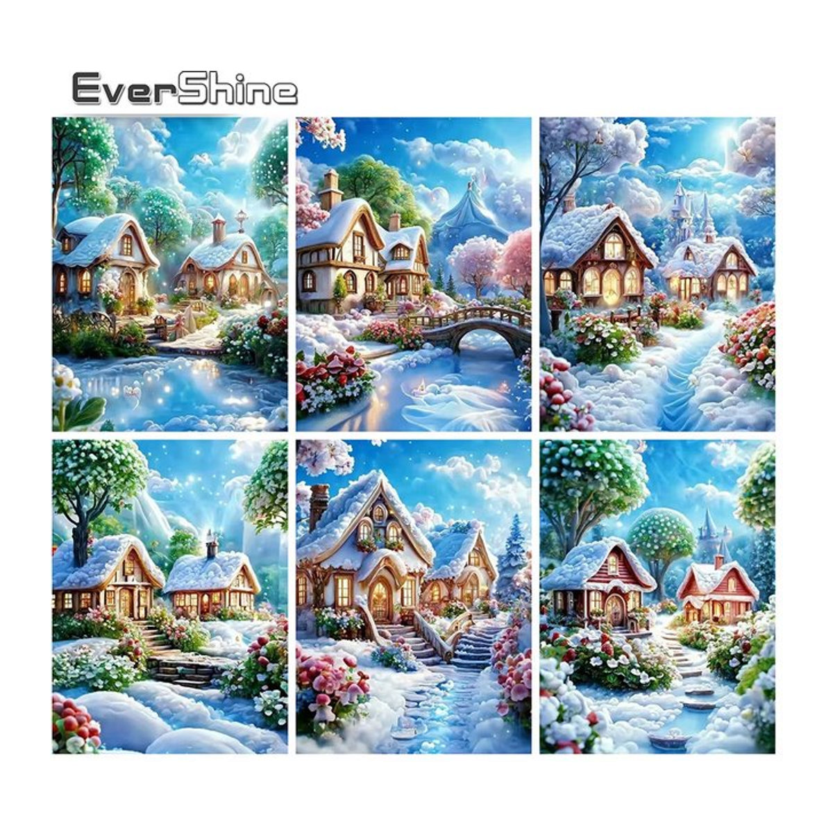Momoart Diamantmalerei Winterlandschaft mit Landhaus als mehrfarbiges Mosaik-Bild zur Wandgestaltung - Bild 1