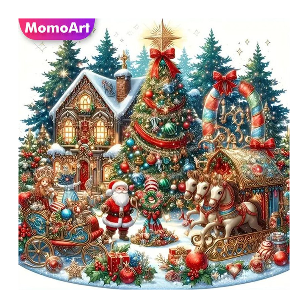 Momoart Diamantmosaik DIY Set Santa Claus Weihnachten Landschaft als runde Vollplatz Malerei in Mehrfarbig - Bild 1