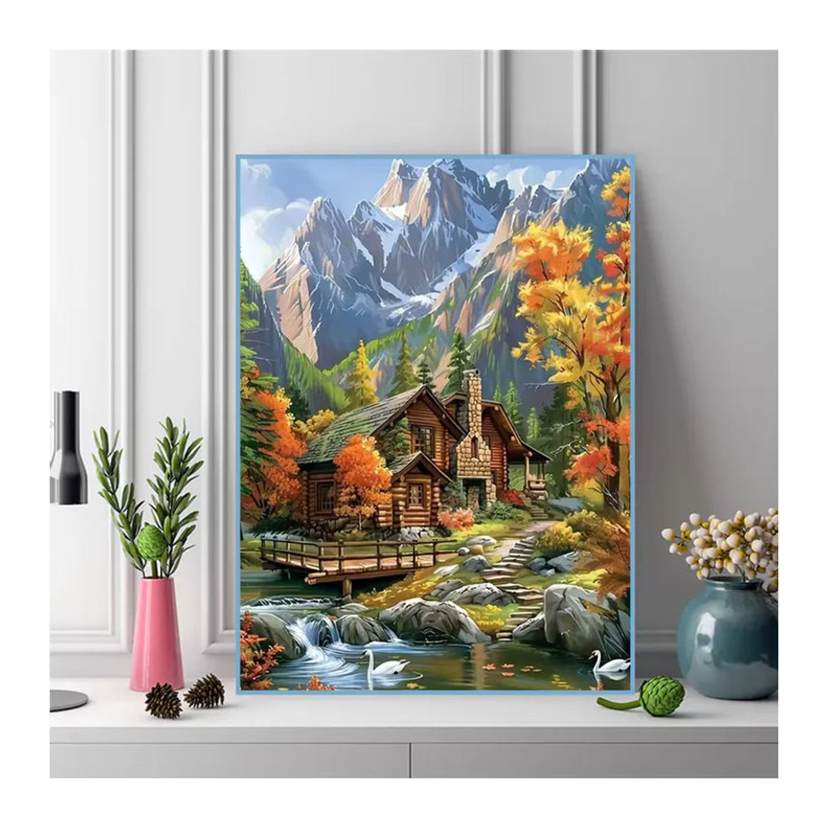 Momoart Diamantmosaik Landschaftsbild Landhaus Herbst als Acryl-Bastelset mit Strass-Gemälde in Mehrfarbig - Bild 3