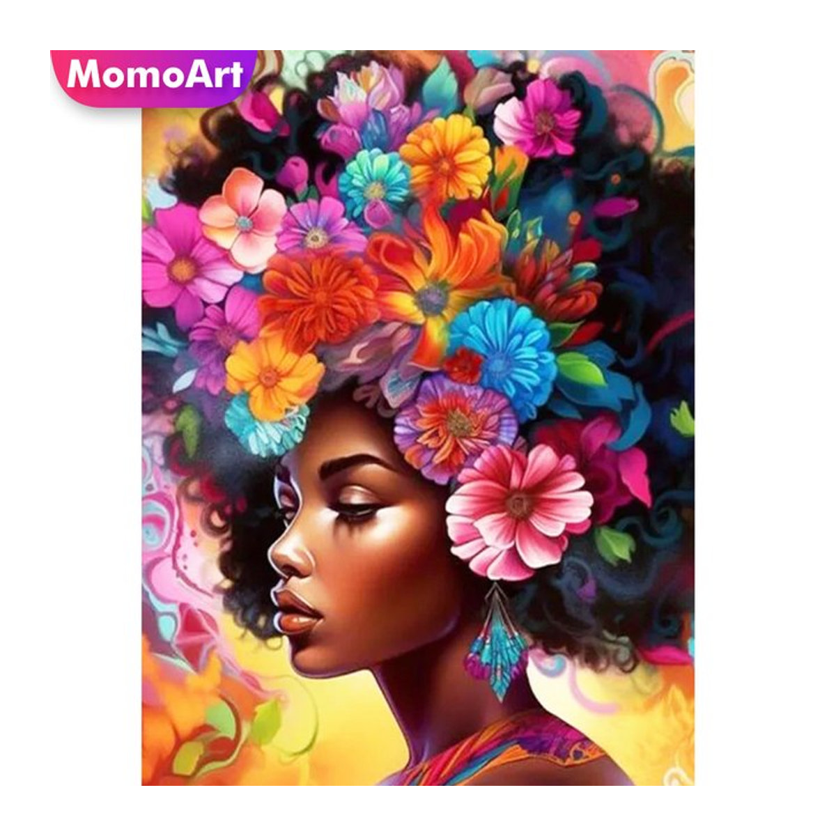 MomoArt Diamantmosaik Set Porträt einer schwarzen Frau mit Gänseblümchen in Schwarz und Mehrfarbig zur Wandmontage - Bild 1