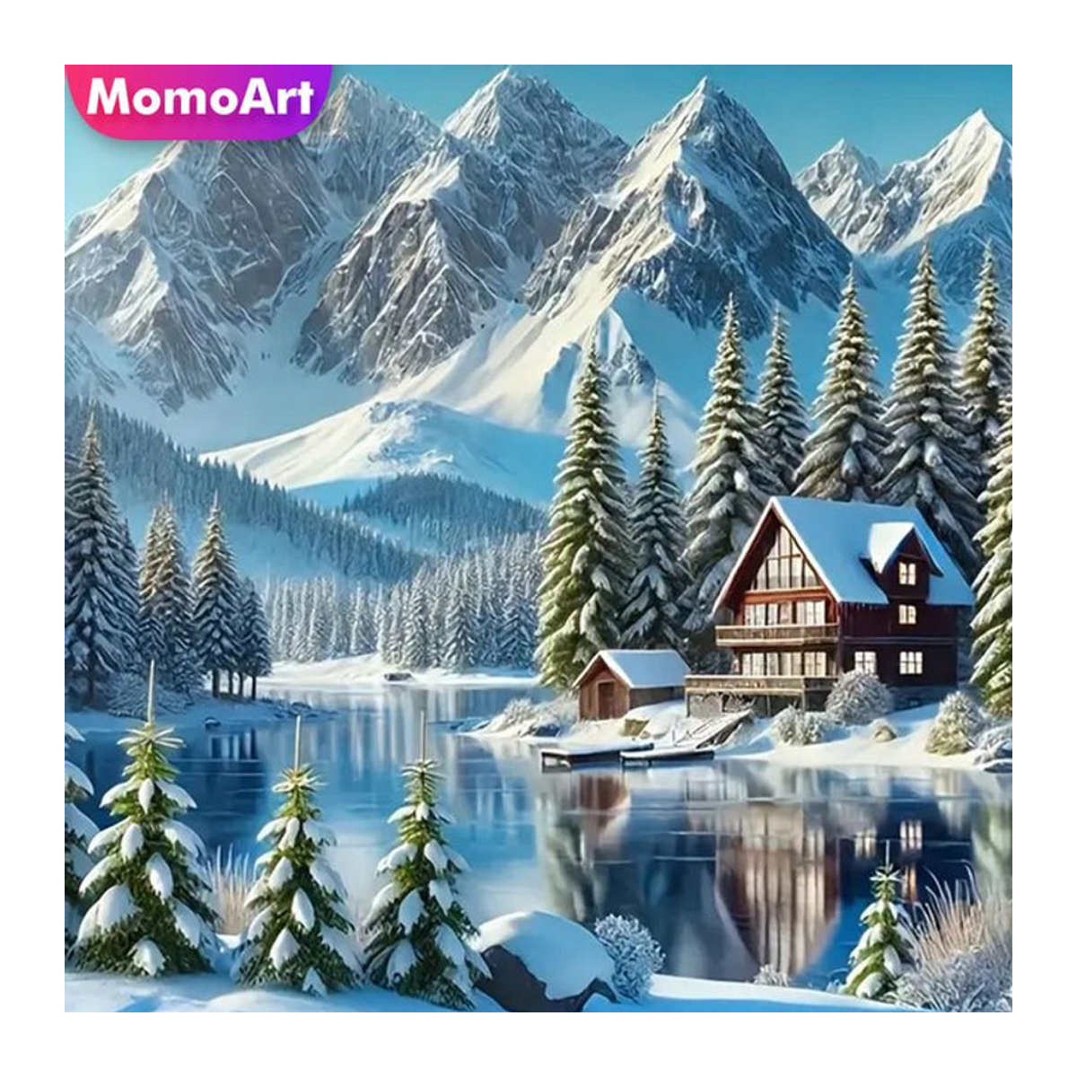 Momoart Diamantstickerei DIY Mosaik Set Landschaft mit Haus Berg und Fluss in Mehrfarbig für Erwachsene und Anfänger - Bild 1