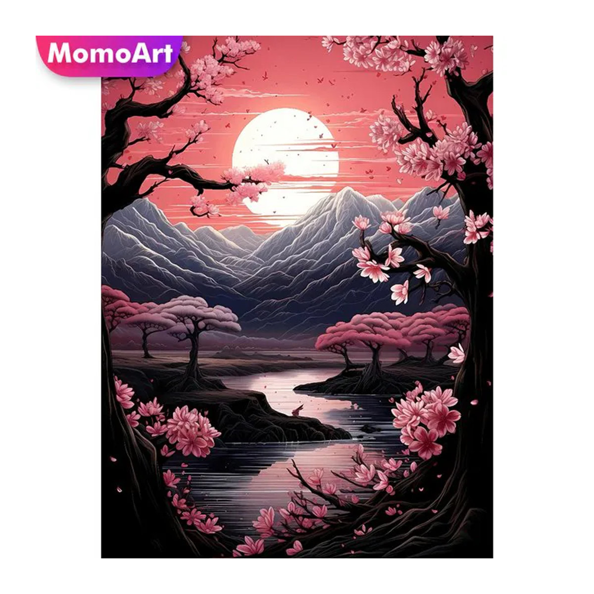 Momoart Diamantstickerei DIY Set Berg und Fluss Landschaft mit Sonnenuntergang, Mehrfarbig, Runde Diamantmosaik Malerei - Bild 1