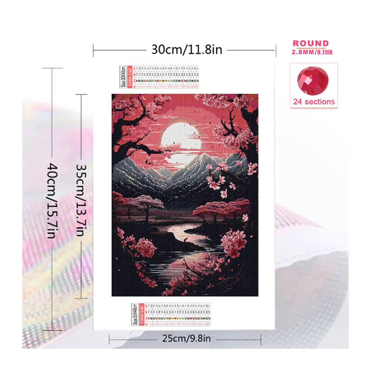 Momoart Diamantstickerei DIY Set Berg und Fluss Landschaft mit Sonnenuntergang, Mehrfarbig, Runde Diamantmosaik Malerei - Bild 2