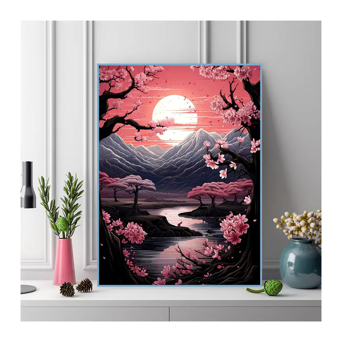 Momoart Diamantstickerei DIY Set Berg und Fluss Landschaft mit Sonnenuntergang, Mehrfarbig, Runde Diamantmosaik Malerei - Bild 3