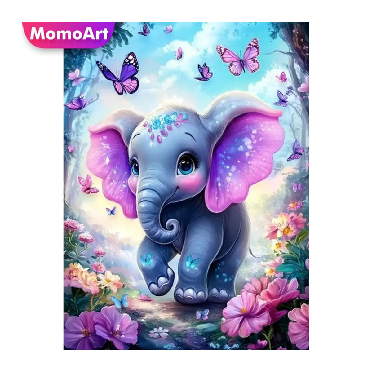 Momoart Diamantstickerei Set mit Elefant, Schmetterling und Blumen als DIY Mosaik Wanddekoration in Mehrfarbig, Rund - Bild 1