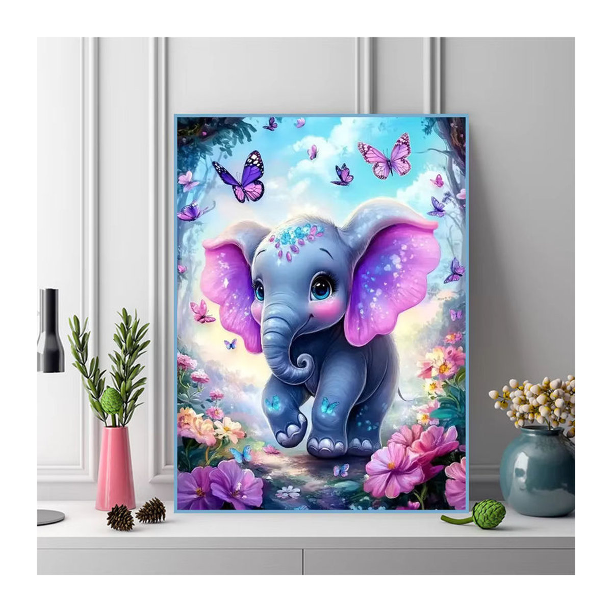 Momoart Diamantstickerei Set mit Elefant, Schmetterling und Blumen als DIY Mosaik Wanddekoration in Mehrfarbig, Rund - Bild 3