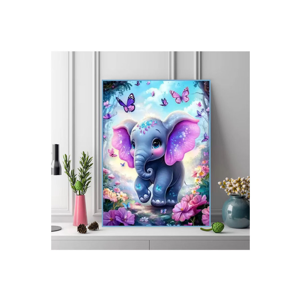Momoart Diamantstickerei Set mit Elefant, Schmetterling und Blumen als DIY Mosaik Wanddekoration in Mehrfarbig, Rund - Bild 4