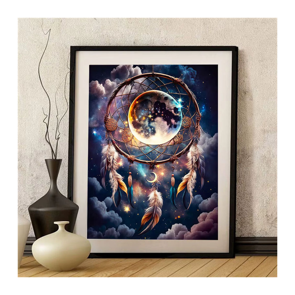 Momoart Diamantstickerei Traumfänger mit Mond und Federn als rundes 5D DIY Mosaik Set in Mehrfarbig für Kinder und zur Dekoration - Bild 2