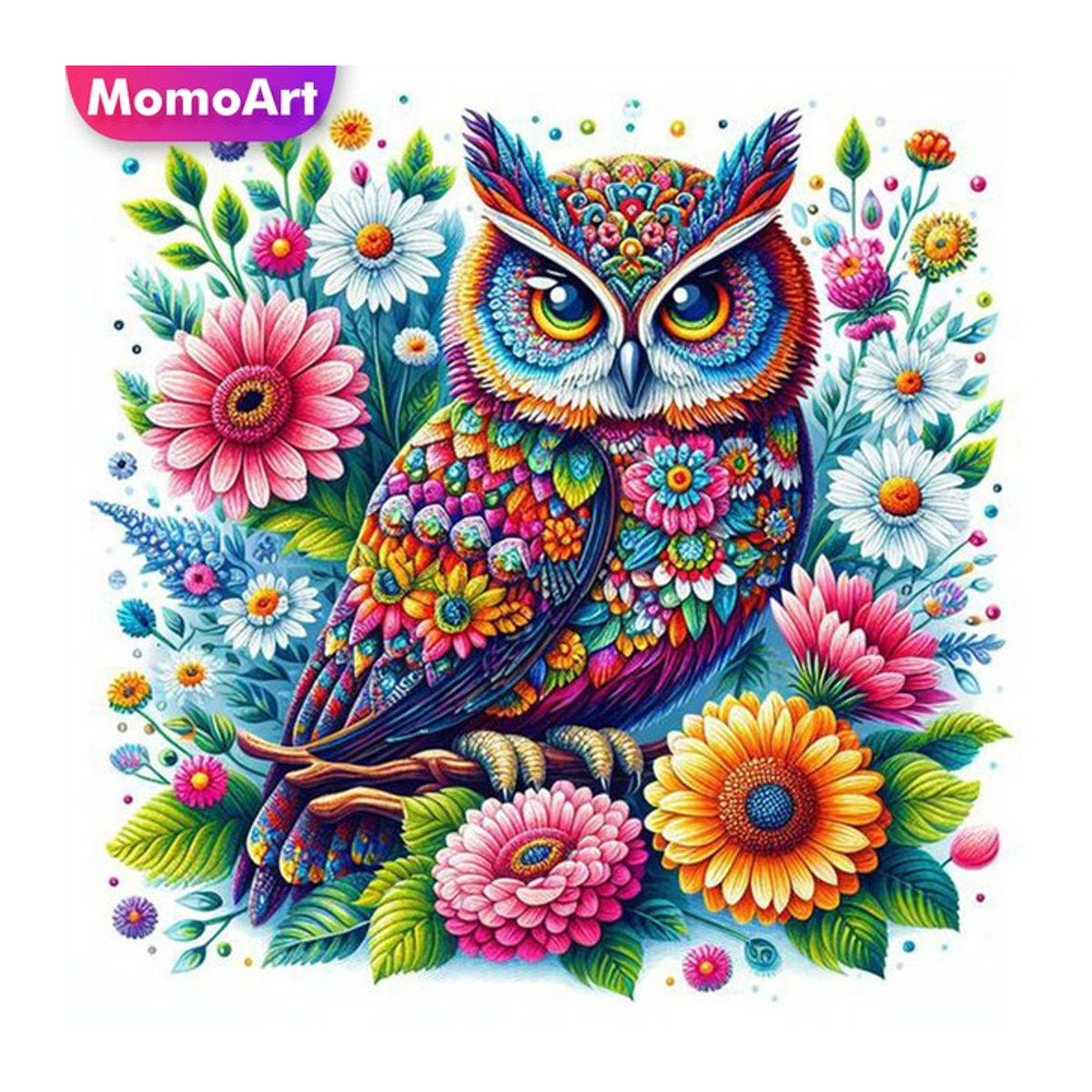 Momoart Diamond Painting Eule Wandkunst mit Blumen und Tier-Motiv in mehrfarbigem Bohemian Design - Bild 1