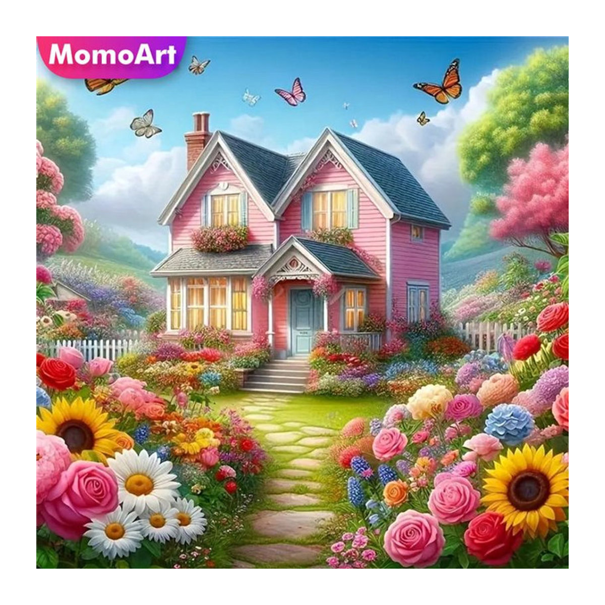 Momoart Diamond Painting Set Landhaus Landschaft mit Blumen, Rundes DIY Mosaik Bild in Mehrfarbig - Bild 1