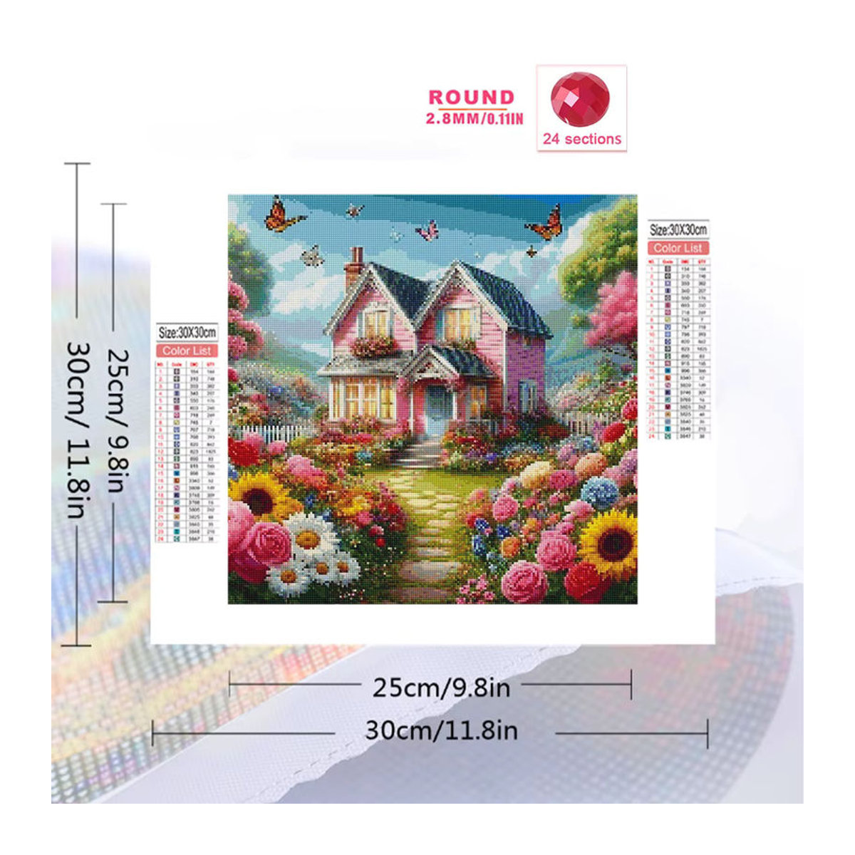 Momoart Diamond Painting Set Landhaus Landschaft mit Blumen, Rundes DIY Mosaik Bild in Mehrfarbig - Bild 2