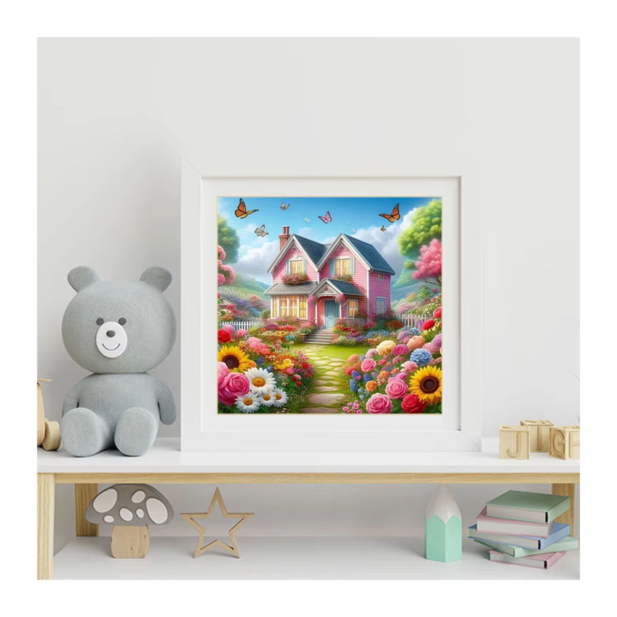 Momoart Diamond Painting Set Landhaus Landschaft mit Blumen, Rundes DIY Mosaik Bild in Mehrfarbig - Bild 3
