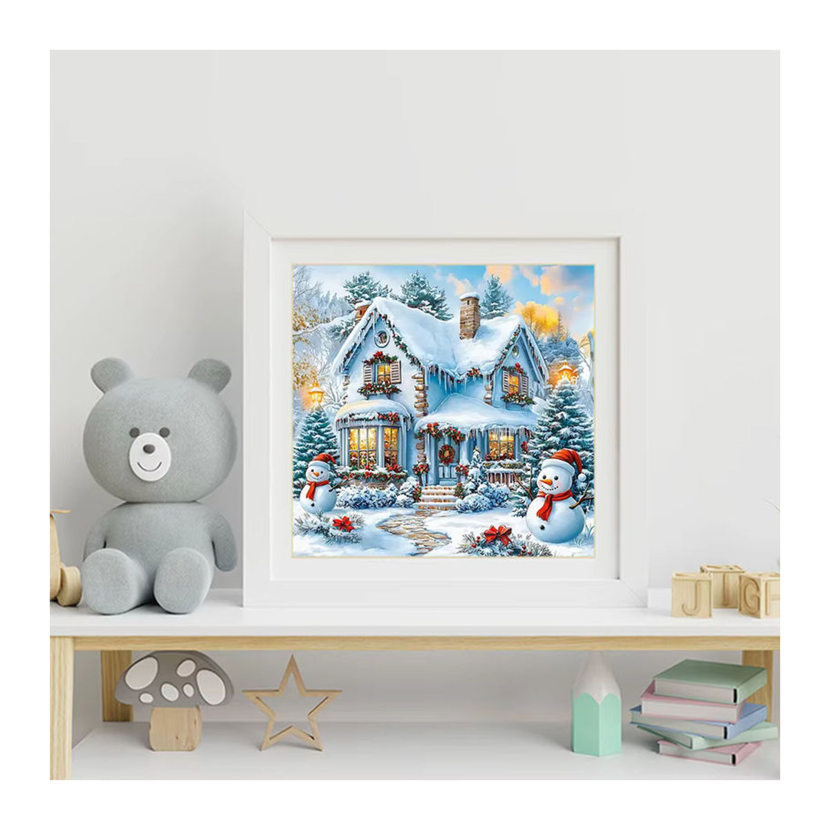 Momoart Diamond Painting Winter Landschaft mit Schneemann als DIY Mosaik Stickerei in Weiß - Bild 3