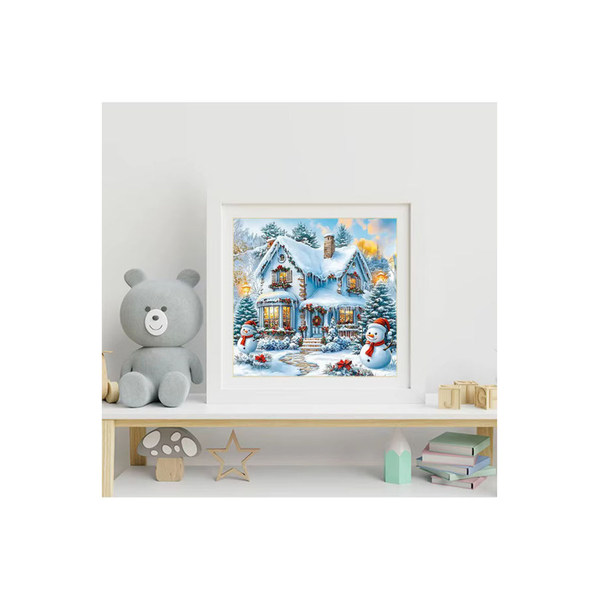 Momoart Diamond Painting Winter Landschaft mit Schneemann als DIY Mosaik Stickerei in Weiß - Bild 4