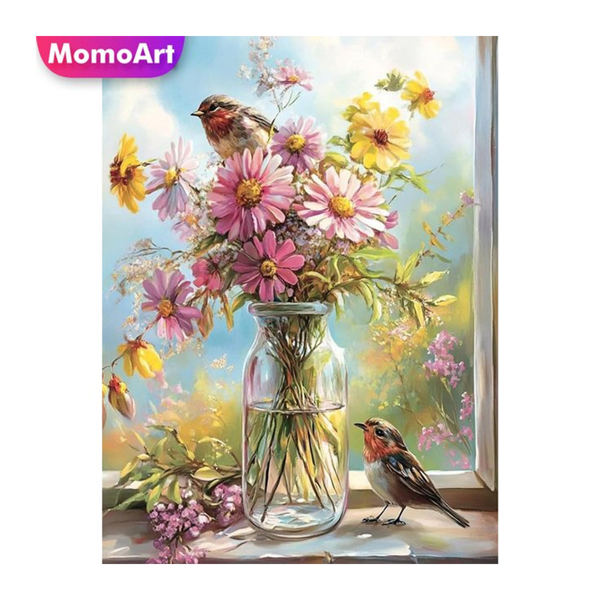 Momoart DIY Blumen-Diamantmalerei mit Gänseblümchen-Muster und Vögeln, mehrfarbiges Strass-Mosaik-Bild zur Wanddekoration für Erwachsene und Anfänger - Bild 1