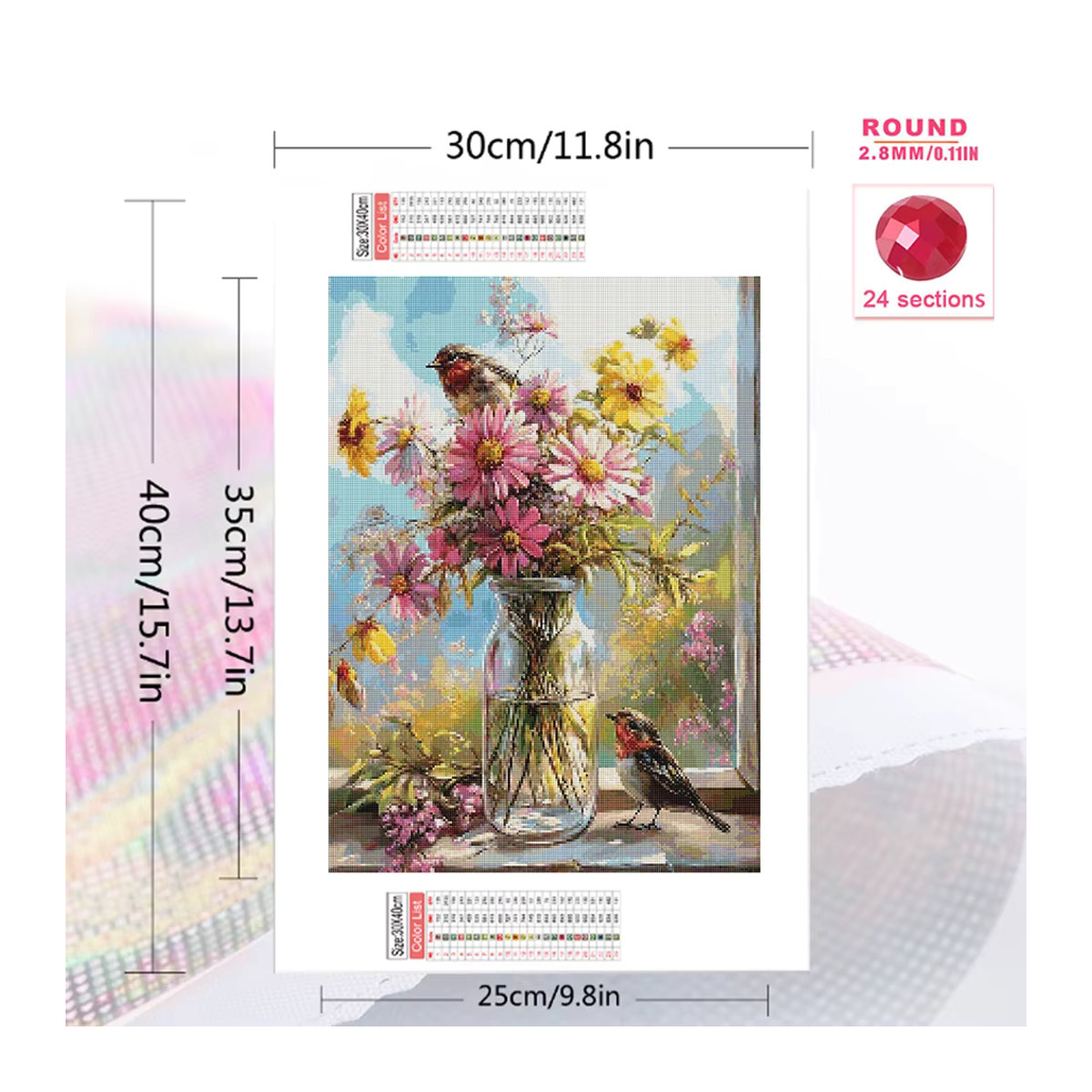 Momoart DIY Blumen-Diamantmalerei mit Gänseblümchen-Muster und Vögeln, mehrfarbiges Strass-Mosaik-Bild zur Wanddekoration für Erwachsene und Anfänger - Bild 2