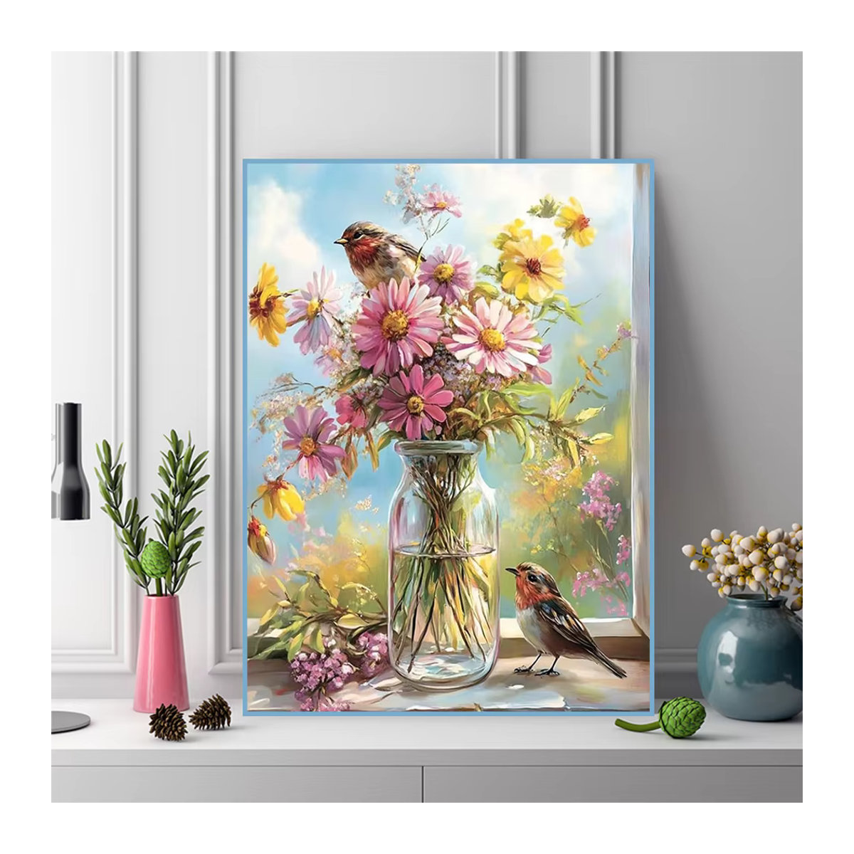Momoart DIY Blumen-Diamantmalerei mit Gänseblümchen-Muster und Vögeln, mehrfarbiges Strass-Mosaik-Bild zur Wanddekoration für Erwachsene und Anfänger - Bild 3
