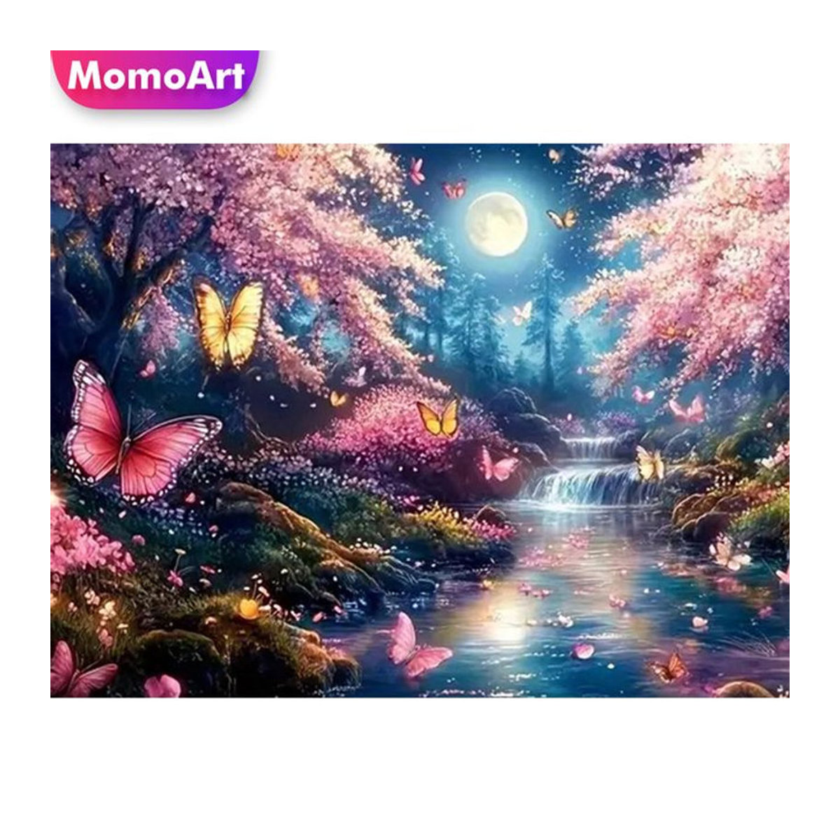 Momoart DIY Diamant-Mosaik-Set Mondlandschaft mit Schmetterlingen und Baum, mehrfarbig, Wandkunst zur Dekoration - Bild 1