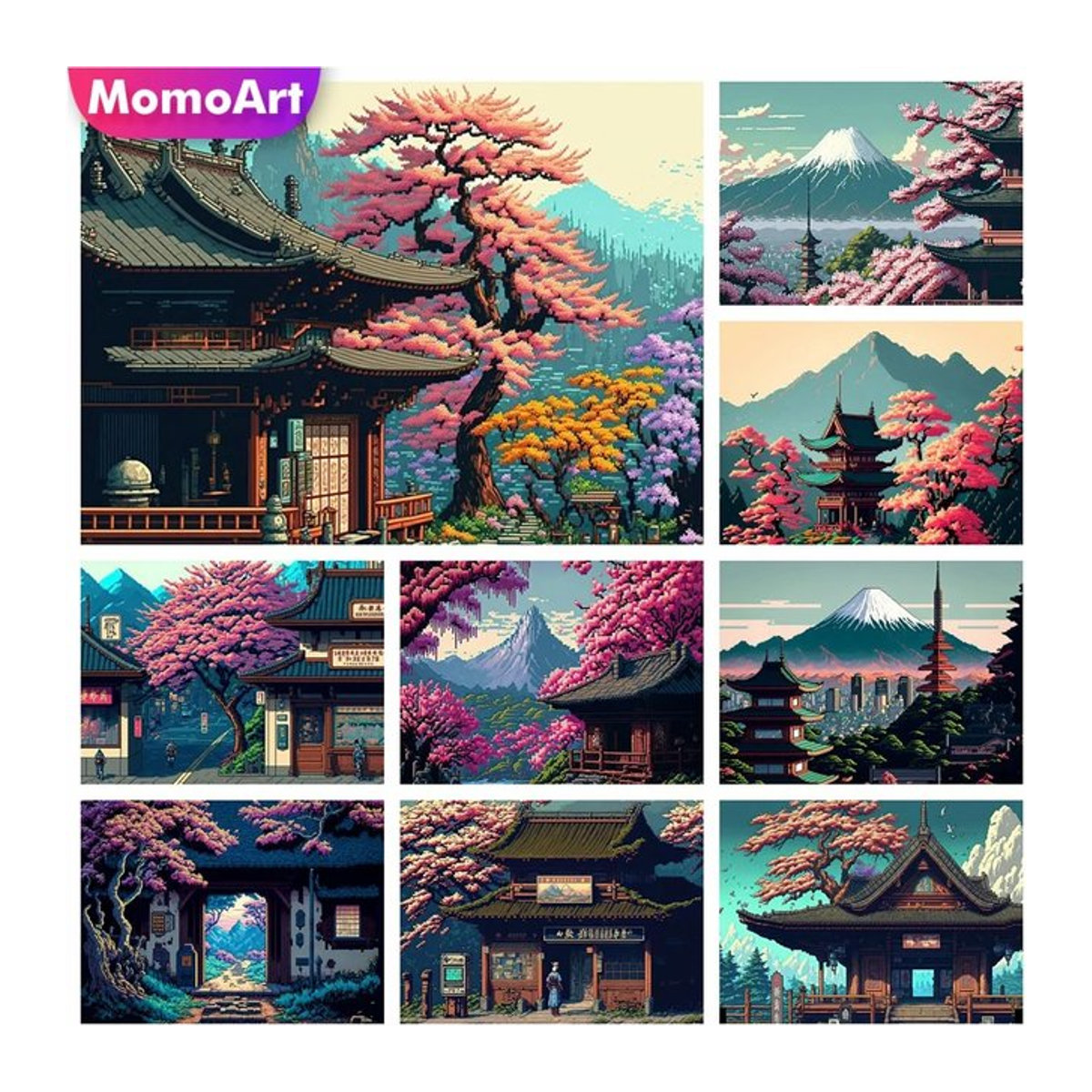 MomoArt DIY Diamant-Mosaik Straßenlandschaft mit japanischem Baum, mehrfarbig, rund, B/H: 40 x 30 cm - Bild 1