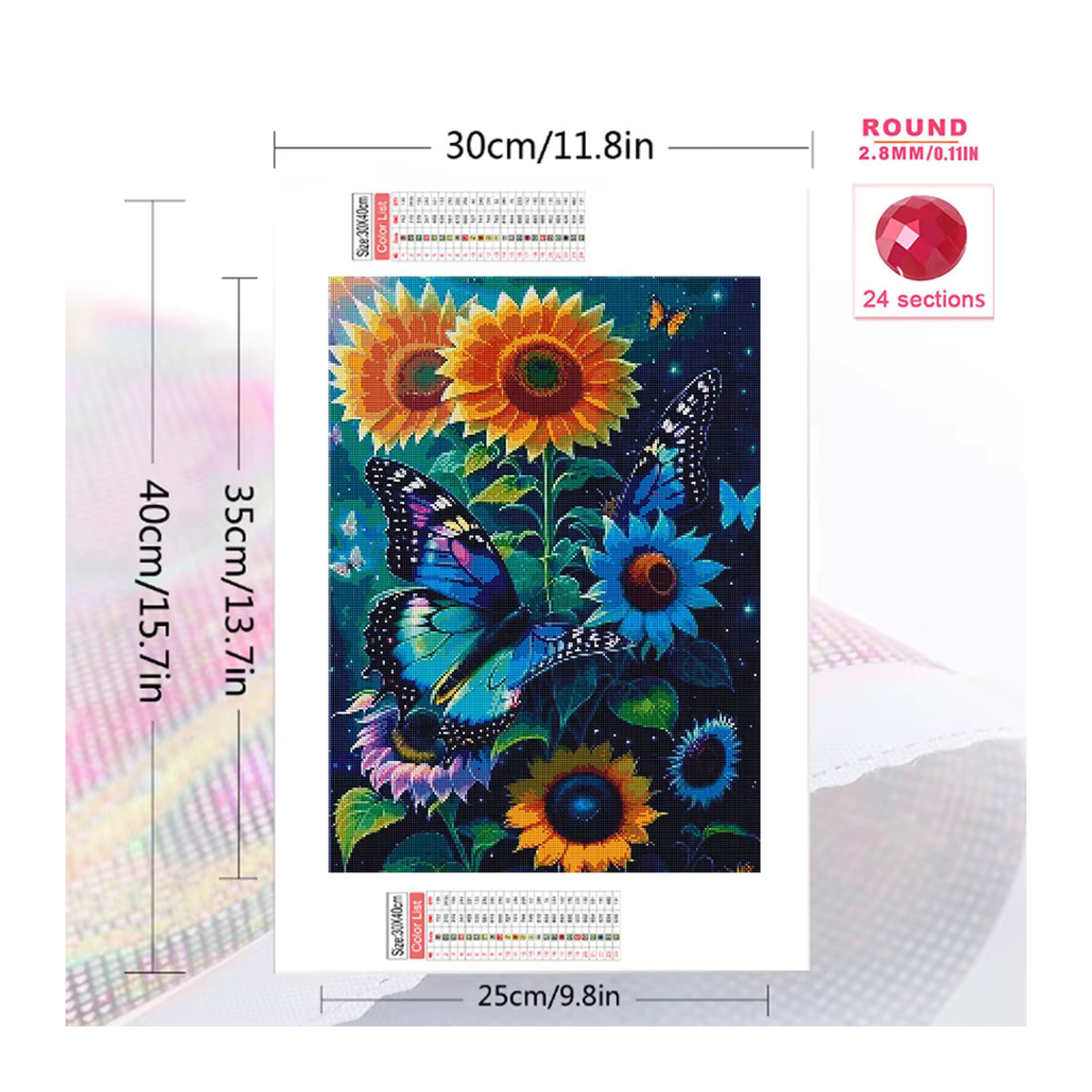 Momoart DIY Diamantstickerei Schmetterling und Sonnenblume als florale Wanddekoration in Mehrfarbig mit runden Diamanten - Bild 2