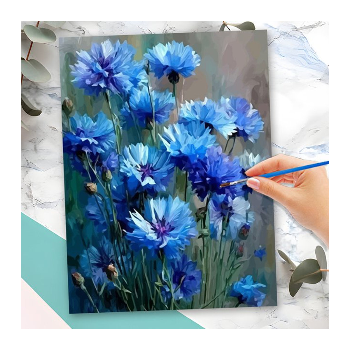 Momoart Malen nach Zahlen Blumen DIY Set auf Leinwand in Blau, gerahmtes Floral Motiv für Erwachsene - Bild 1