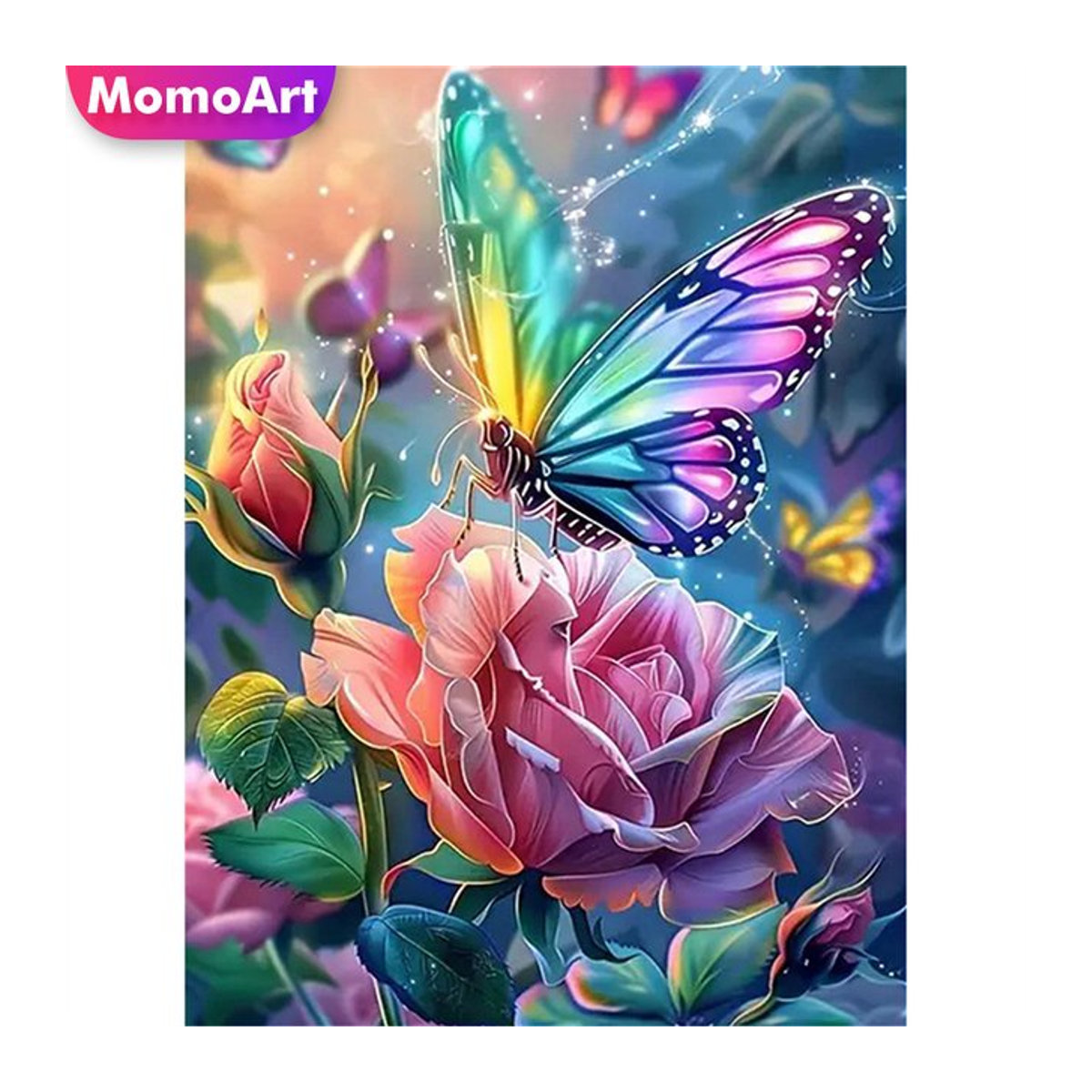 Momoart Schmetterling Diamantmalerei mit Rosen und Blumen als Wanddekor, mehrfarbig, rund - Bild 1