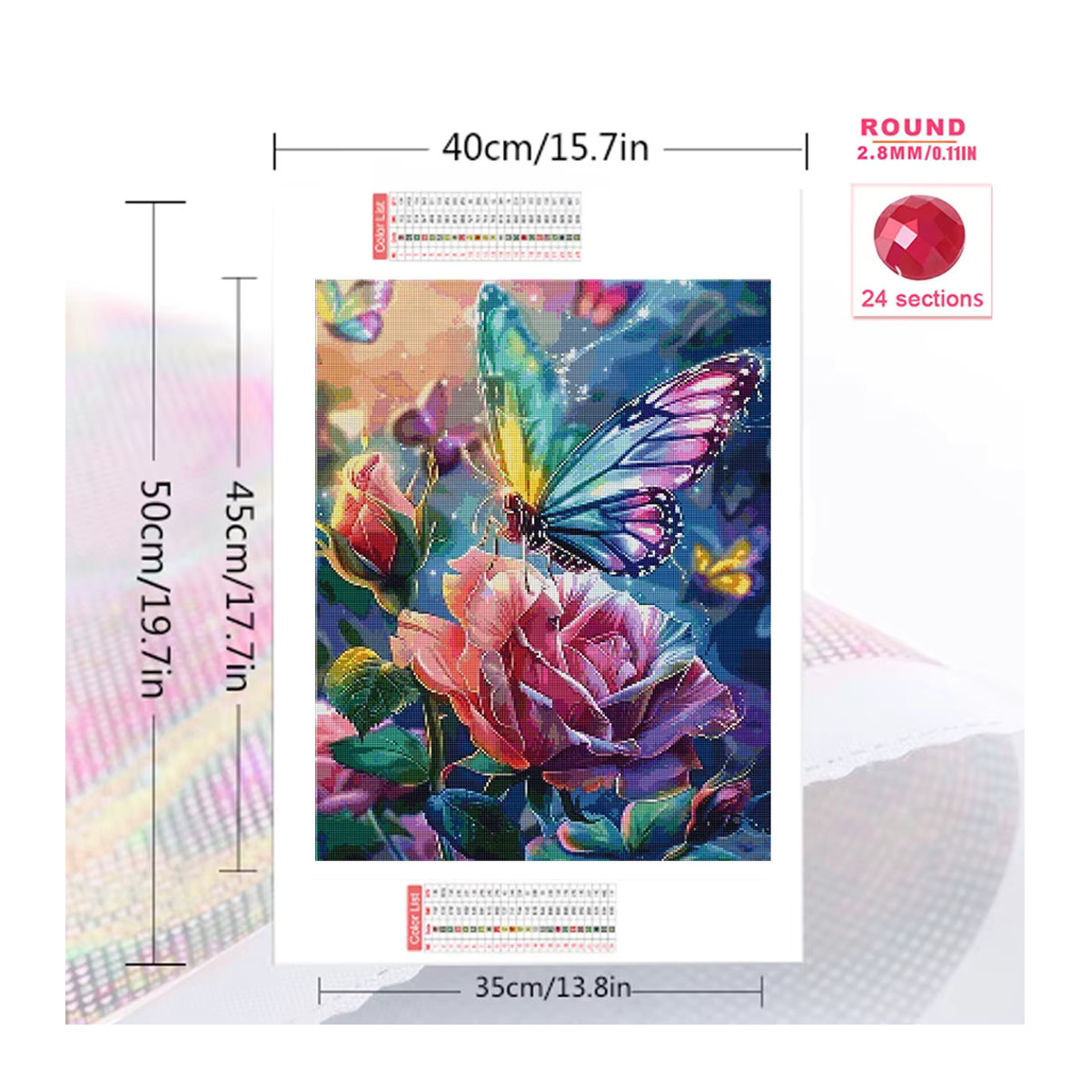 Momoart Schmetterling Diamantmalerei mit Rosen und Blumen als Wanddekor, mehrfarbig, rund - Bild 2