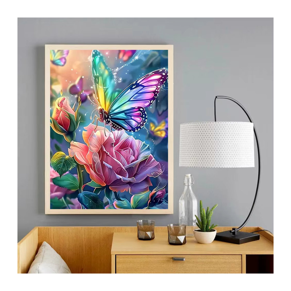 Momoart Schmetterling Diamantmalerei mit Rosen und Blumen als Wanddekor, mehrfarbig, rund - Bild 3