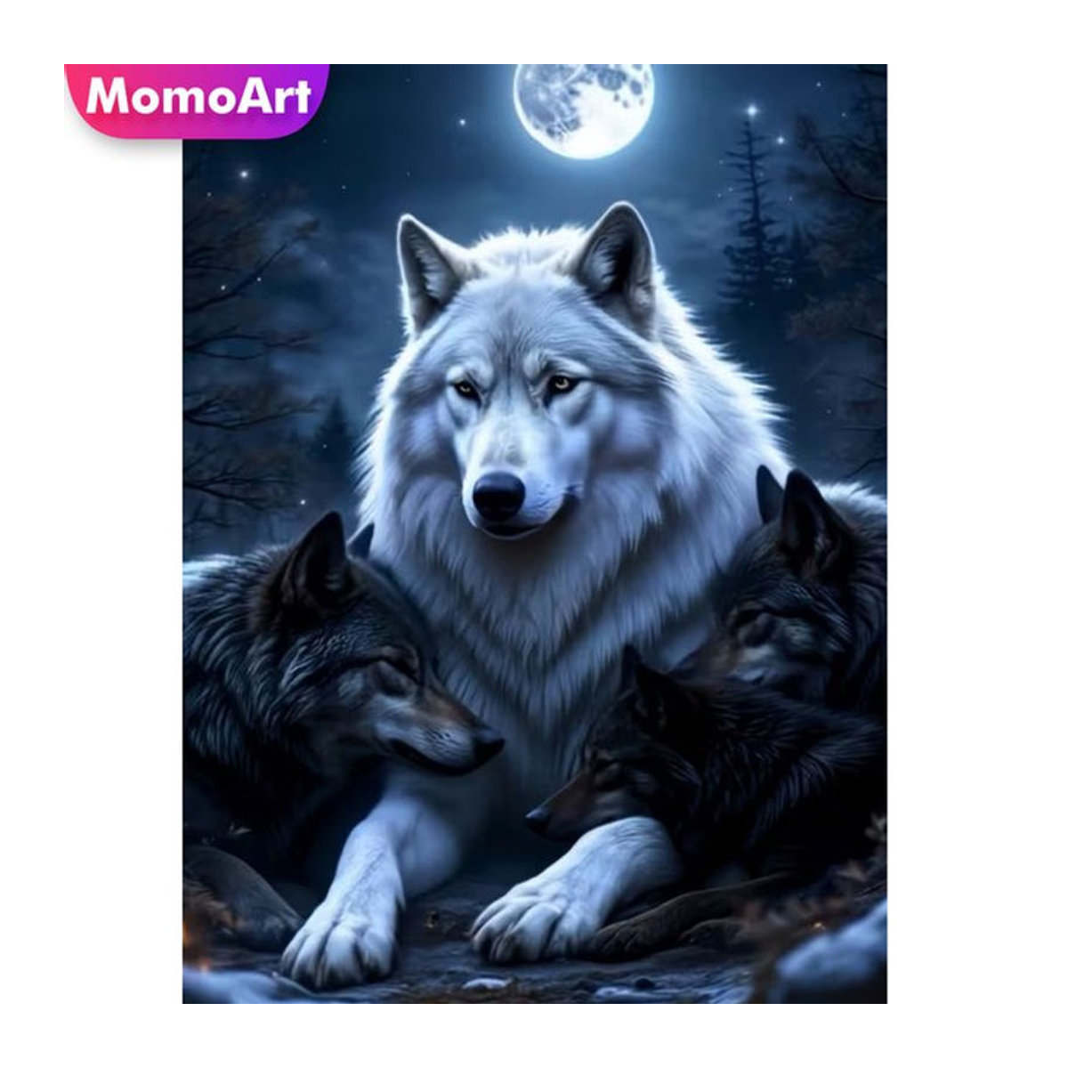 Momoart Wolf Diamant-Stickerei DIY Tier-Gemälde mit Mond als rundes Mosaik-Set in Mehrfarbig - Bild 1