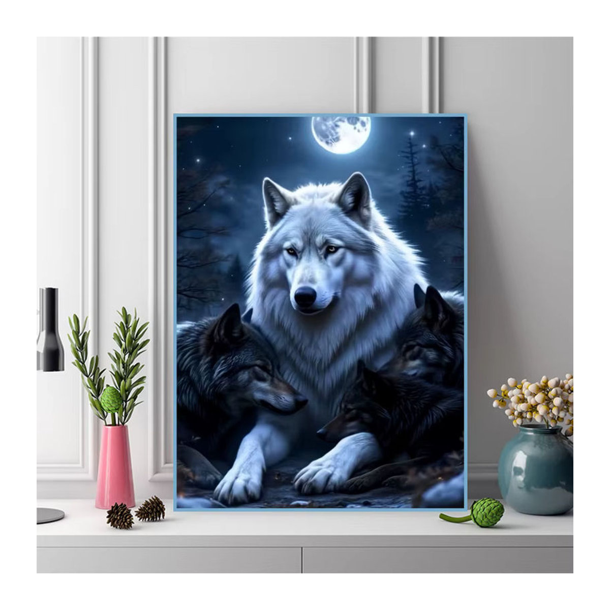 Momoart Wolf Diamant-Stickerei DIY Tier-Gemälde mit Mond als rundes Mosaik-Set in Mehrfarbig - Bild 3