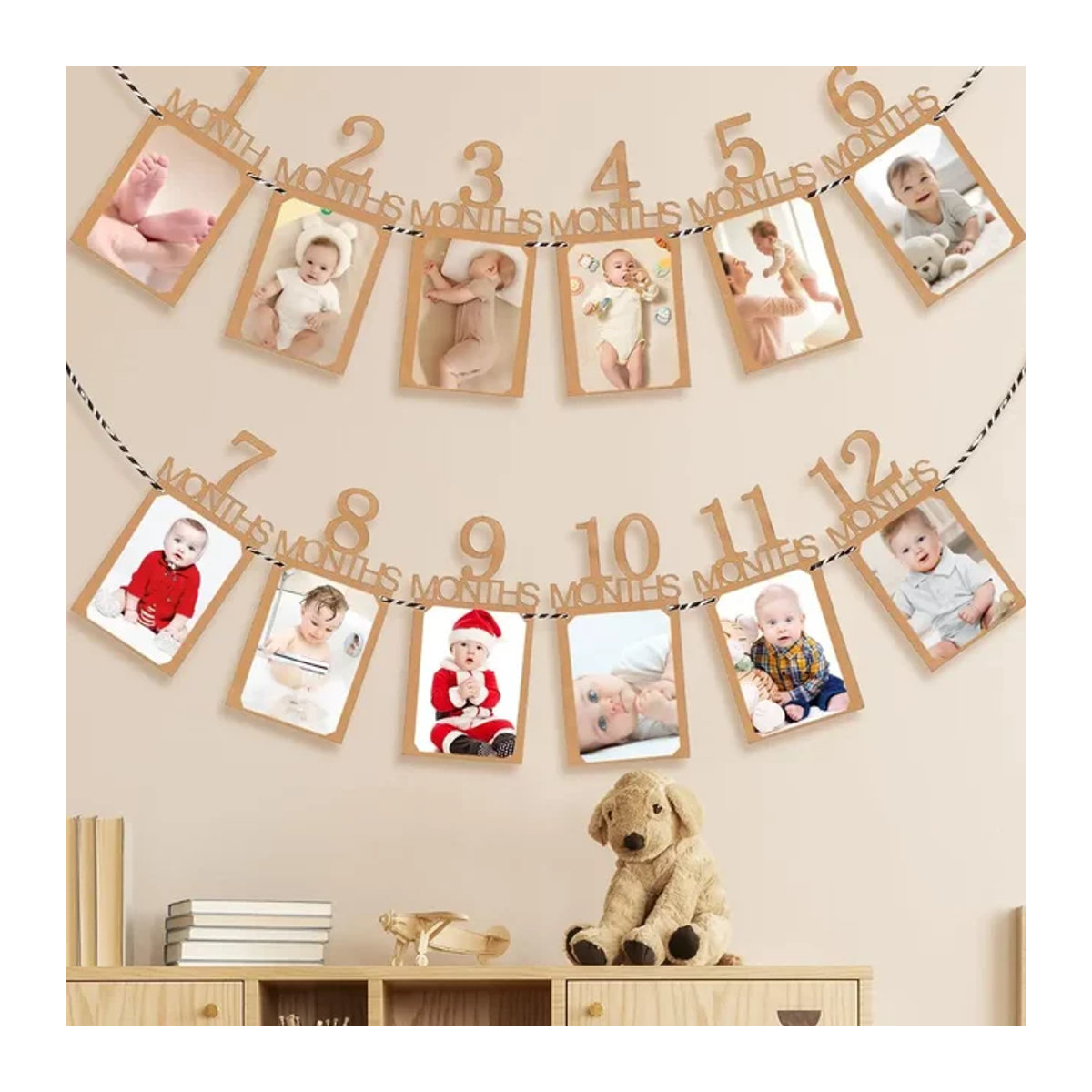 Monatliche Meilenstein-Girlande aus Papier für den 1. Geburtstag, Dekoration für Babys von Neugeborenen bis 12 Monate, beige und braun, minimalistisches Design - Bild 1