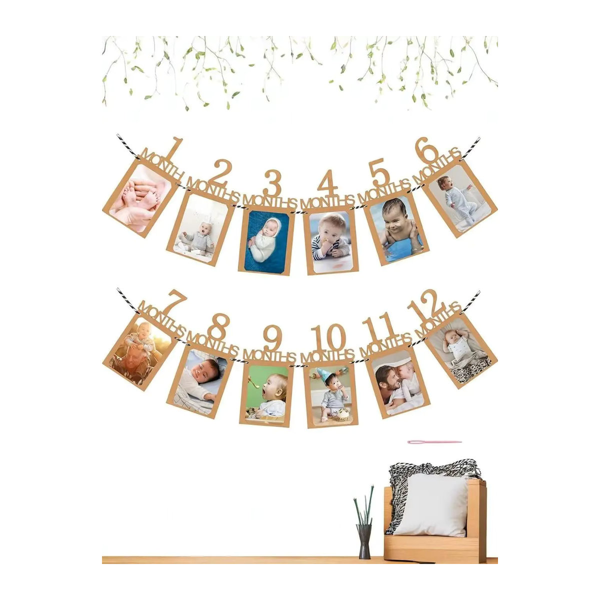 Monatliche Meilenstein-Girlande aus Papier für den 1. Geburtstag, Dekoration für Babys von Neugeborenen bis 12 Monate, beige und braun, minimalistisches Design - Bild 5