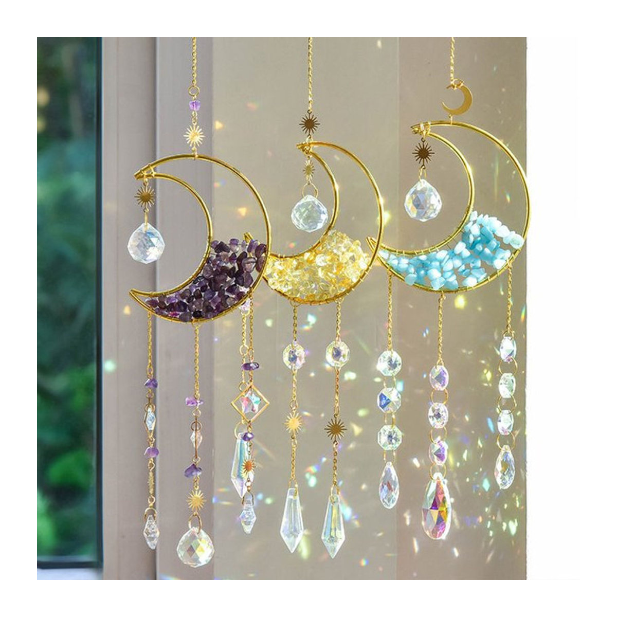 Mond Sonnenfänger Kristall Windspiel aus Metall in Gold und Rosa als hängende Dekoration für Fenster und Garten - Bild 1