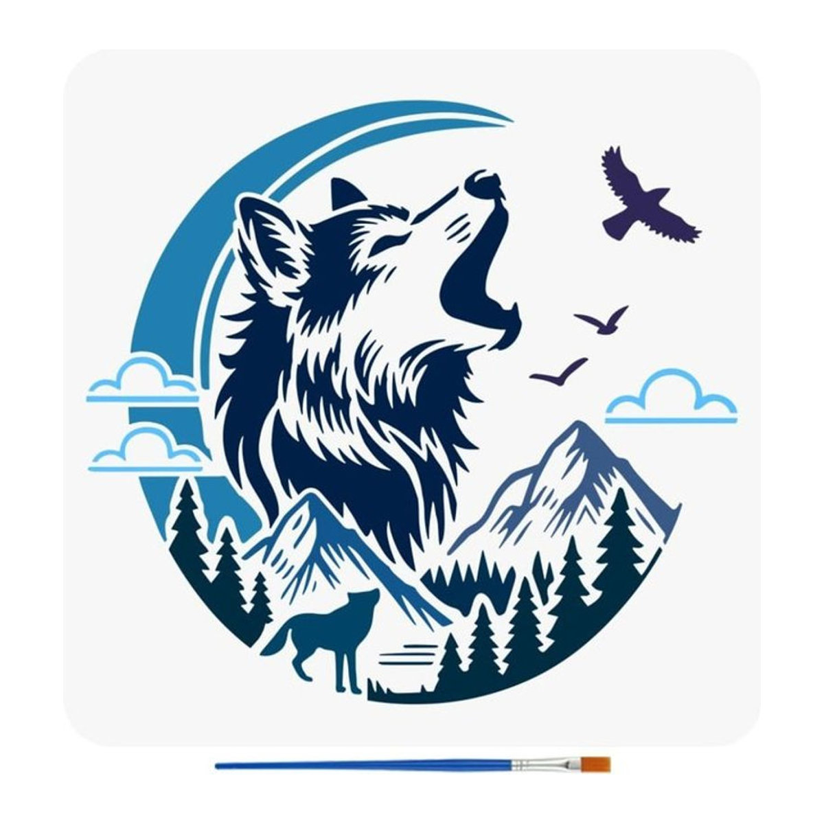 Mondwölfe Malwerkzeug-Set mit Pinsel: Quadratische Schablonen mit Berg-, Wolf-, Wald-, Wolken- und Wildgänse-Motiven in Blau, B/B: 30 x 30 cm - Bild 1