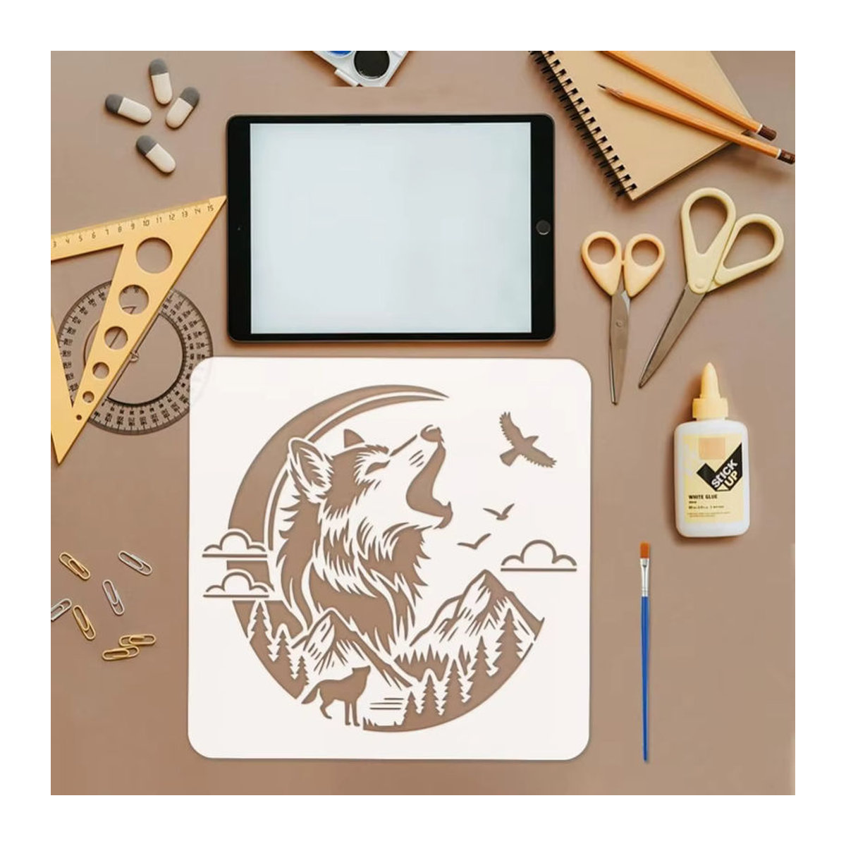 Mondwölfe Malwerkzeug-Set mit Pinsel: Quadratische Schablonen mit Berg-, Wolf-, Wald-, Wolken- und Wildgänse-Motiven in Blau, B/B: 30 x 30 cm - Bild 3