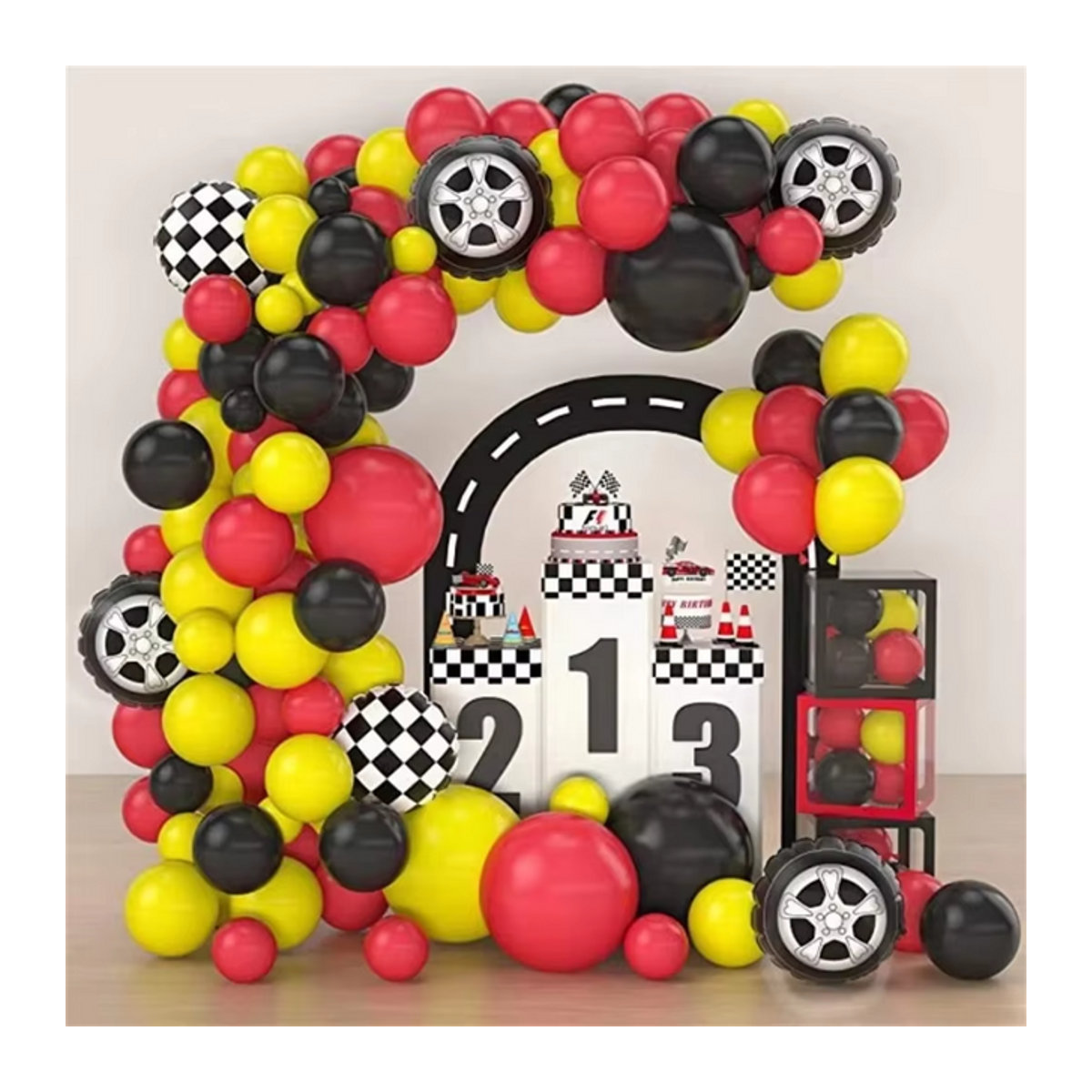 Monster Racing Ballon Bogen Kranz Set mit 111 Teilen für Kinder Geburtstagsdekoration in Mehrfarbig und Checkered Design - Bild 1