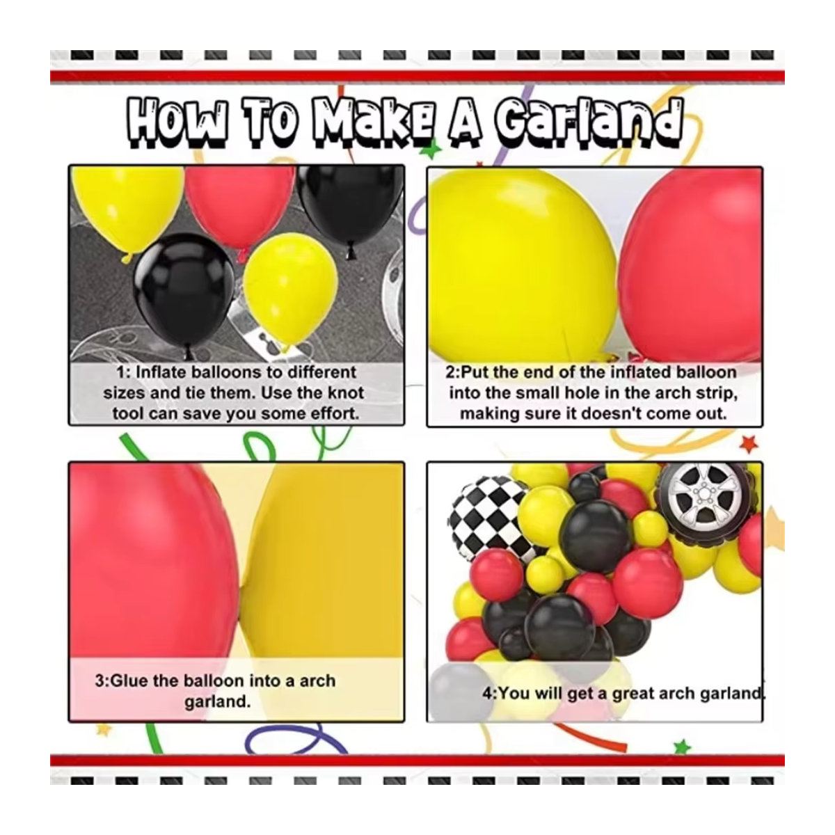 Monster Racing Ballon Bogen Kranz Set mit 111 Teilen für Kinder Geburtstagsdekoration in Mehrfarbig und Checkered Design - Bild 3