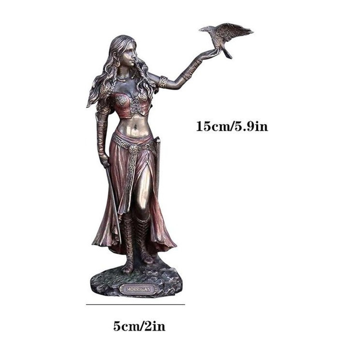MOONBIFFY Harzstatue Morrigan die keltische Göttin mit Krähe und Schwert in Bronze-Finish, Höhe: 15 cm - Bild 1