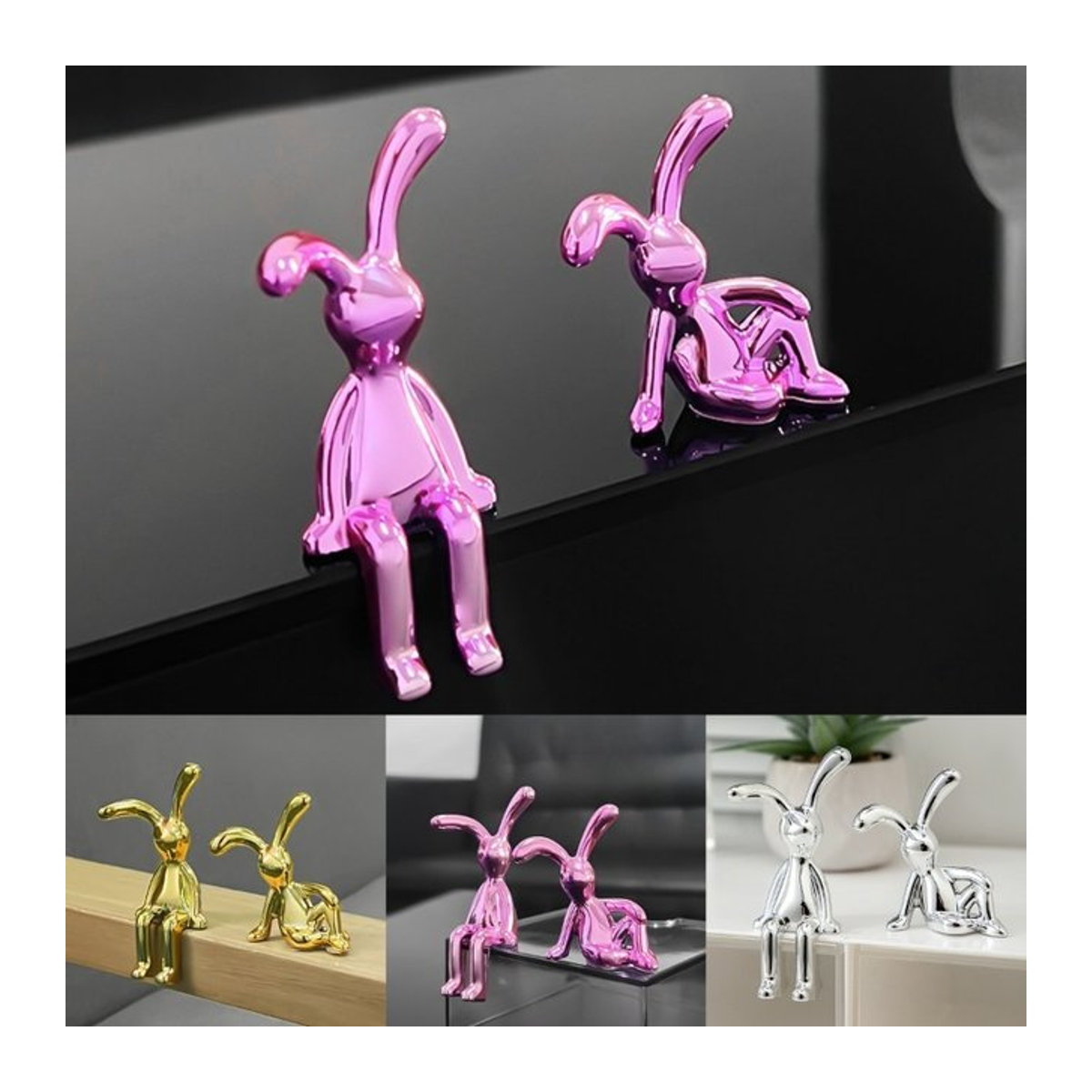 MOONBIFFY Kaninchen Doppelstatue aus Metall in Gold und Mehrfarbig als dekoratives Ornament für Wohnzimmer, Schlafzimmer oder Auto - Bild 1
