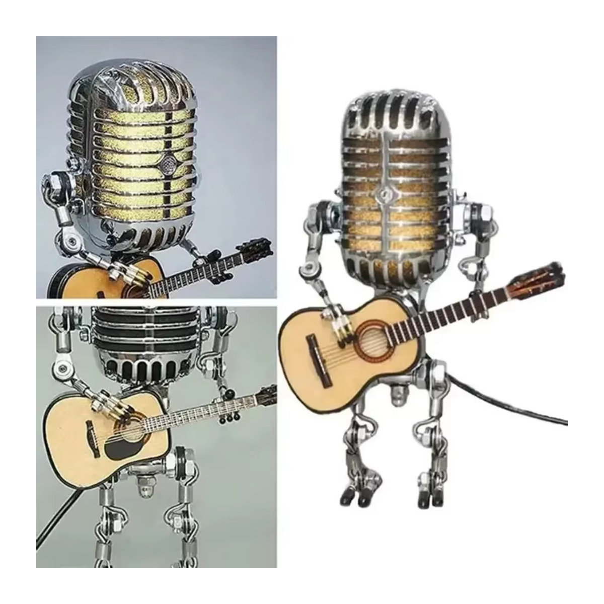 MOONBIFFY Vintage Mikrofon Roboter Tischlampe aus Metall mit LED Beleuchtung in Weiß und Silber - Bild 3