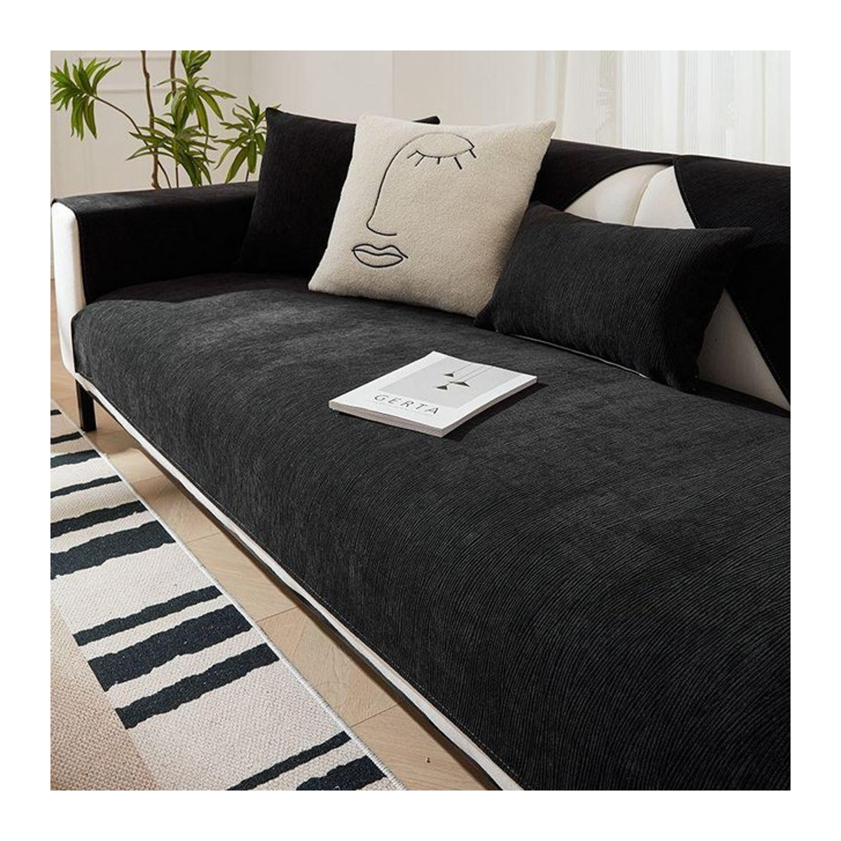 Morandi Sofabezug aus Chenille in Schwarz, universeller und rutschfester Sofaschutz für das Wohnzimmer, B/B: 110 x 210 cm - Bild 1