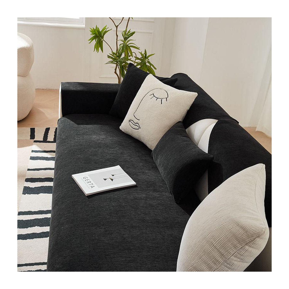 Morandi Sofabezug aus Chenille in Schwarz, universeller und rutschfester Sofaschutz für das Wohnzimmer, B/B: 110 x 210 cm - Bild 2