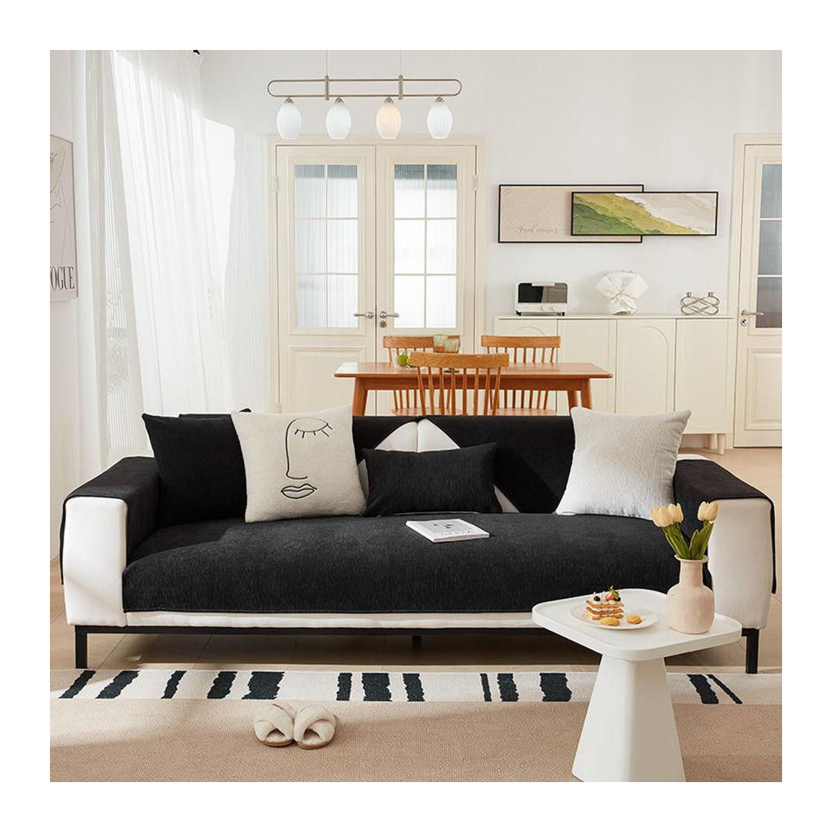 Morandi Sofabezug aus Chenille in Schwarz, universeller und rutschfester Sofaschutz für das Wohnzimmer, B/B: 110 x 210 cm - Bild 3