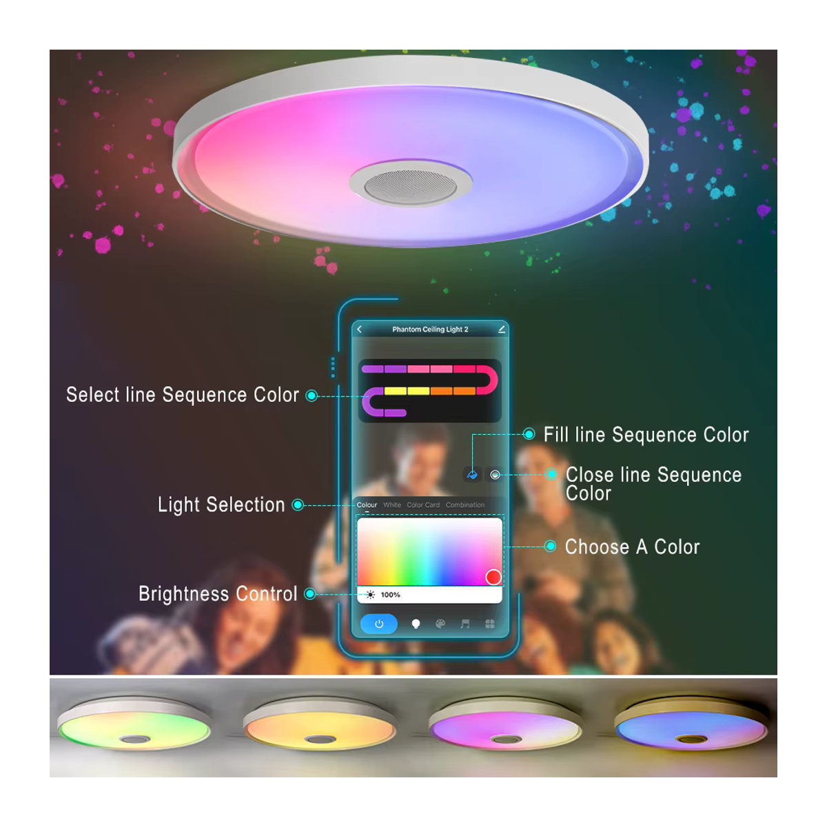 Morden Tuya Smart RGB LED Deckenleuchte mit Lautsprecher, 45W, dimmbar, App-Steuerung und Fernbedienung, runde Deckenlampe in Weiß und Bunt - Bild 2