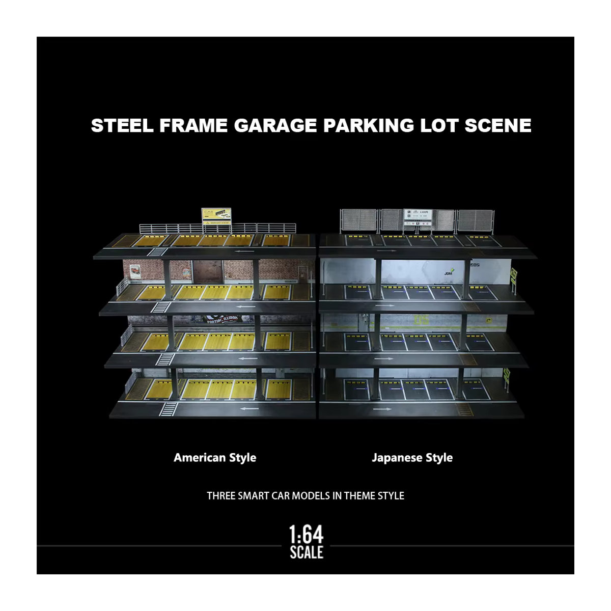 MoreArt Diorama-Miniaturen Auto-Garagenmodell im Maßstab 1:64 mit LED-Leuchten, Grau, DIY-Stadtmodellset für Sammler und Ausstellungen - Bild 3