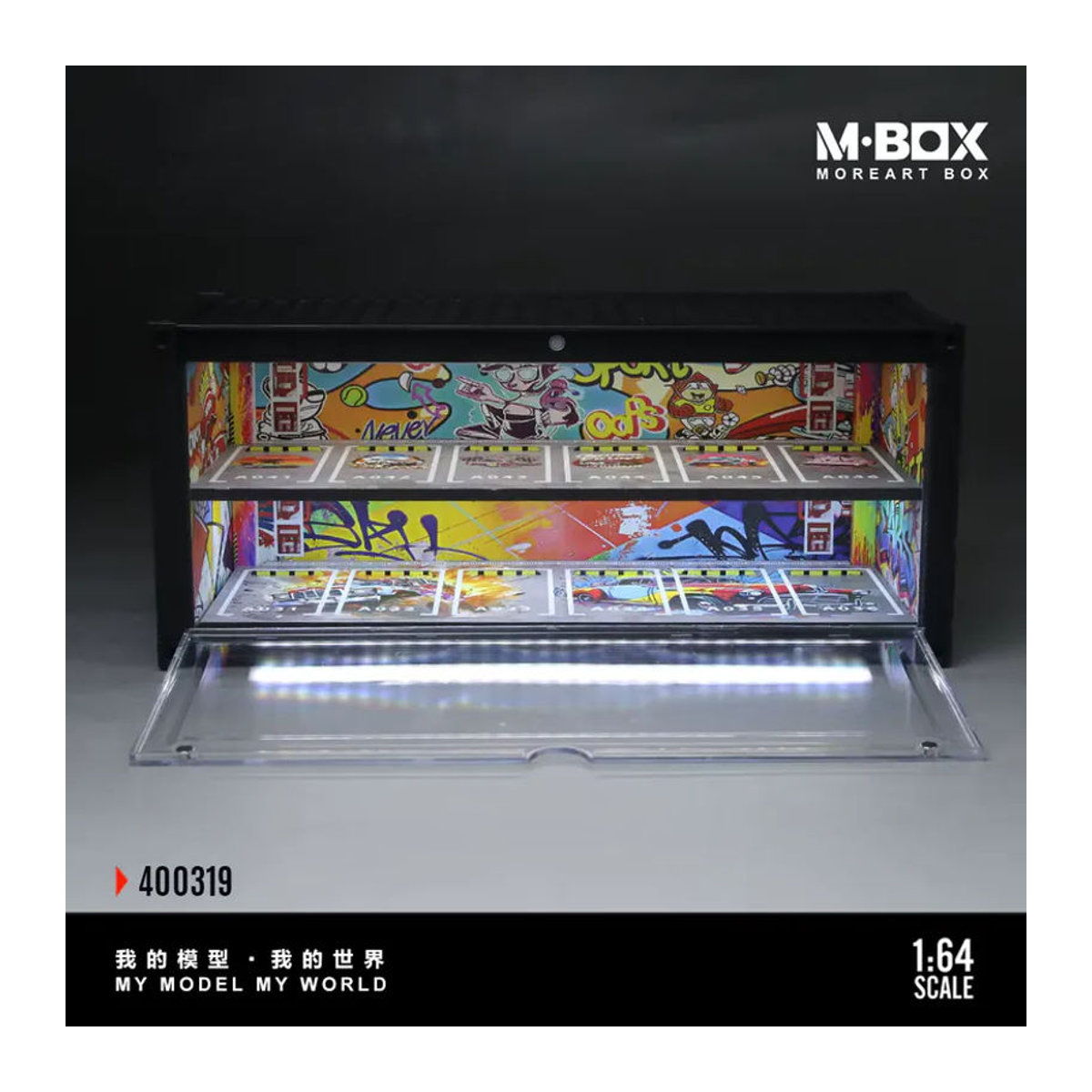 MoreArt MBOX Graffiti Container Aufbewahrungs- und Ausstellungsbox für 1:64 Diecast Autos, Garage Diorama Modellauto Parkplatz Szenerie, mehrfarbig - Bild 2