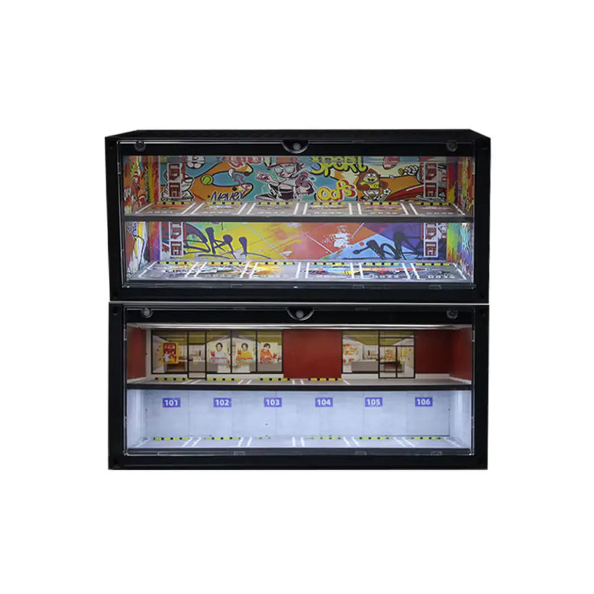MoreArt MBOX Graffiti Container Aufbewahrungs- und Ausstellungsbox für 1:64 Diecast Autos, Garage Diorama Modellauto Parkplatz Szenerie, mehrfarbig - Bild 6