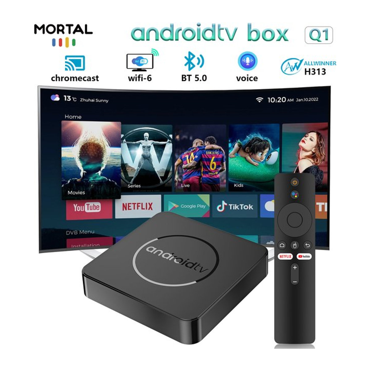 Mortal Smart TV Box H313 Android 14 4K HDR Media Player mit 2GB RAM und 16GB Speicher, Schwarz, 5G Dual Wifi und BT5.2, inklusive Sprachassistent - Bild 1